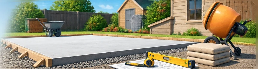 Illustrated concrete slab project with mixer, wheelbarrow, cement bags and measuring tools