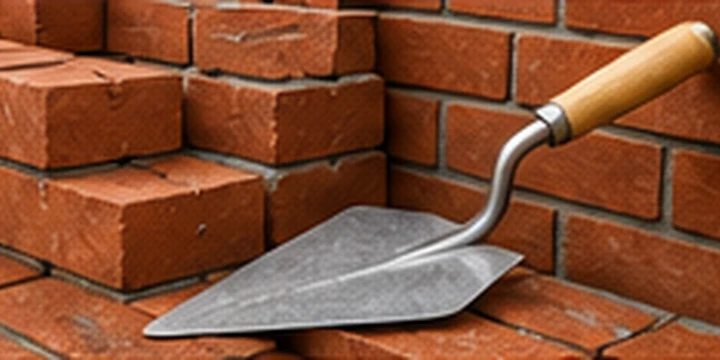 Illustrated brick wall, mortar and trowel