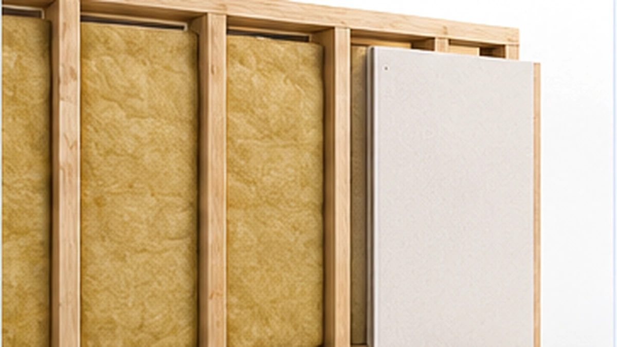 Illustration of a timber wall with insulation between studs and wall measurement arrows