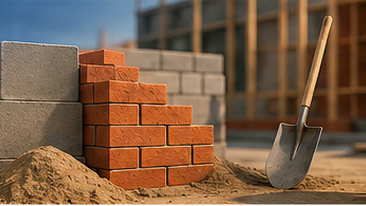 Illustrated brickwork, mortar and trowel