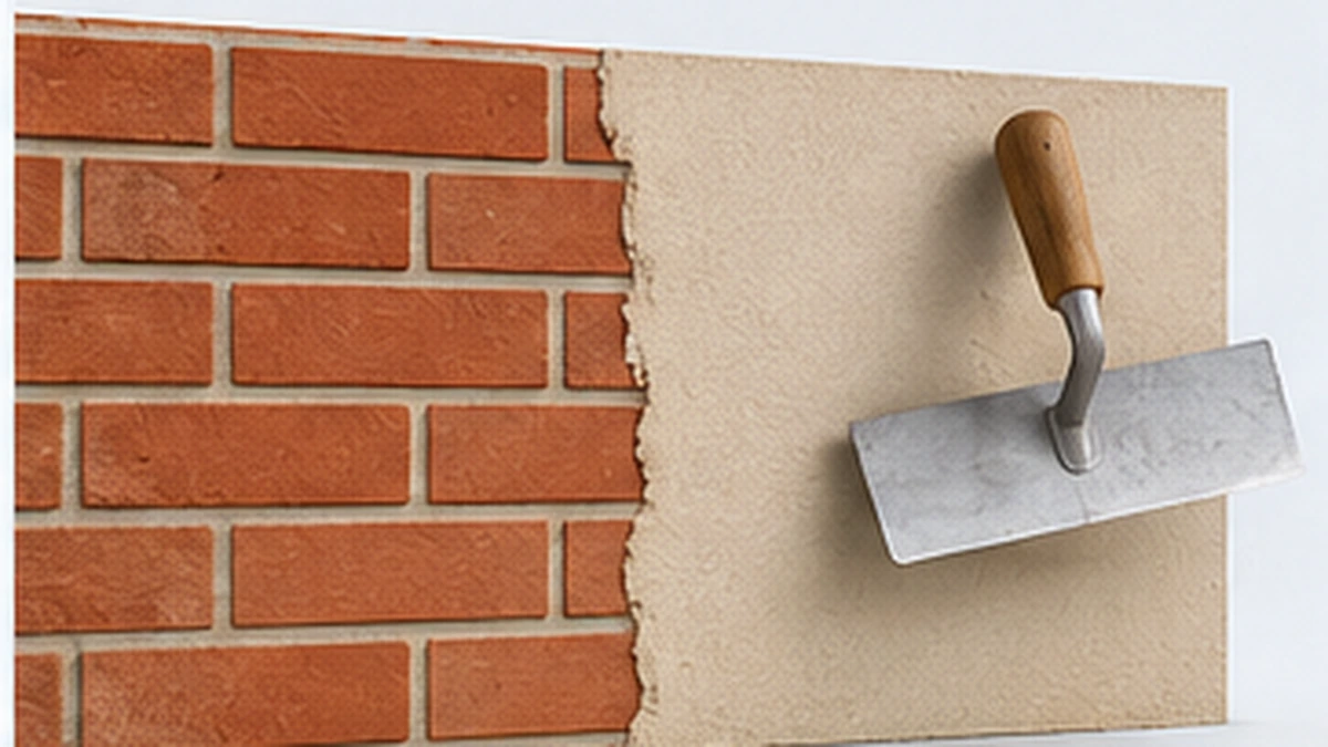 Illustration of render being applied to a masonry wall with a trowel